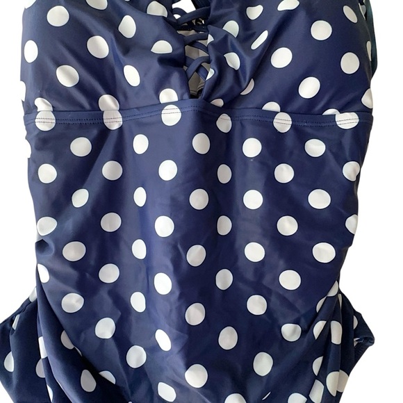 NWT | YONIQUE NAVY BLUE & WHITE POLKA DOT PLUS SIZE RUCHED SWIMSUIT | SIZE: 18 W - Picture 3 of 9